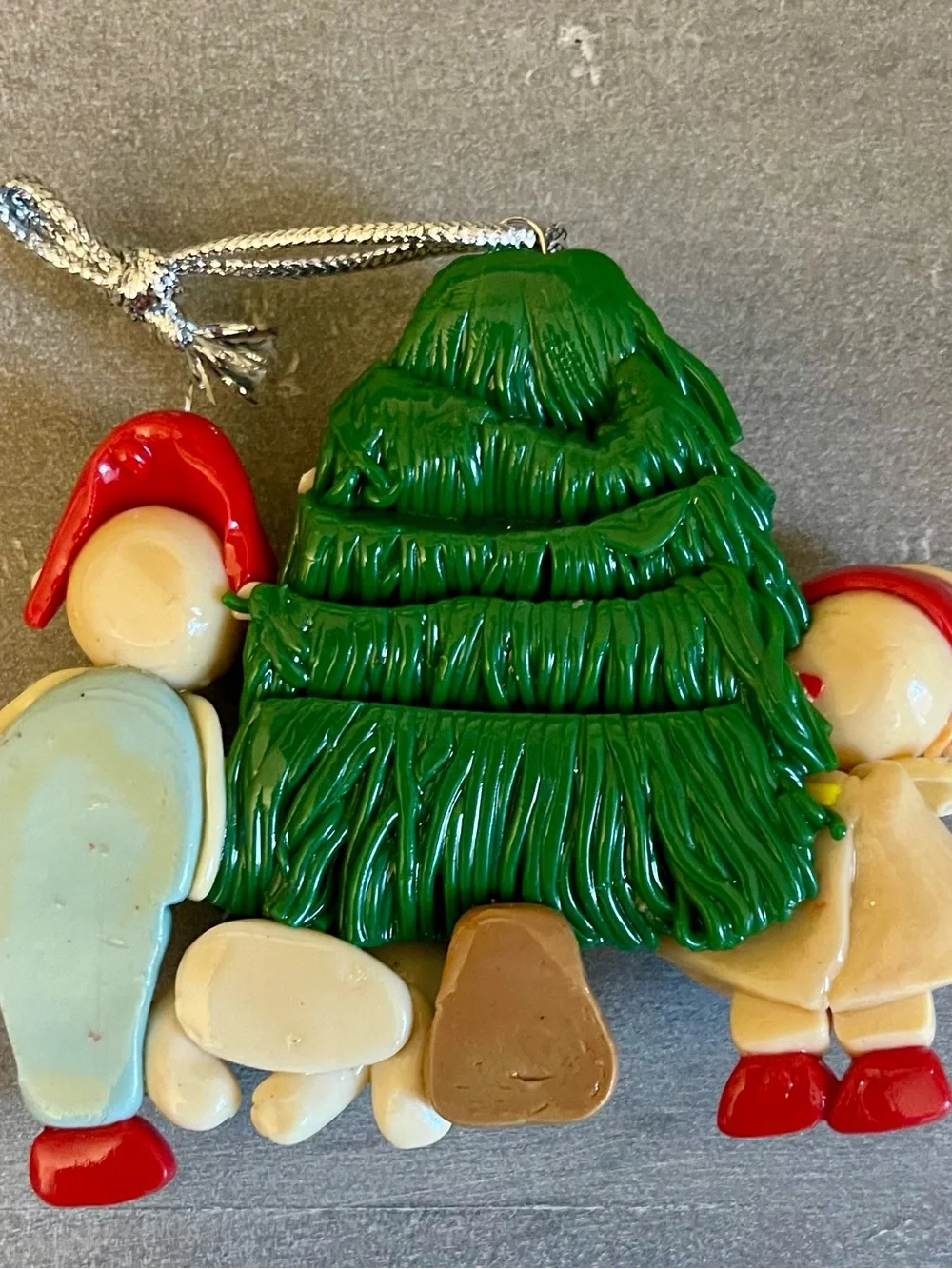 1990s - Christmas Tree Ornament with man, woman and Dog - Green, Red, Cream
